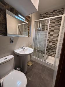 a bathroom with a toilet and a sink and a shower at Hostal San Juan Oyarbide Tolosa in Tolosa +32 photos
