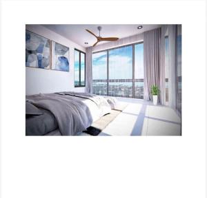 a bedroom with a bed and a large window at Luxurious Villa with Private Indoor Pool in Bophut