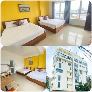 a hotel room with two beds and a building at Hi Hotel in Kỳ Vĩ