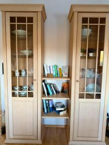 a wooden cabinet with glass doors with books at Rauschelbach Loft 9 in Poppenhausen