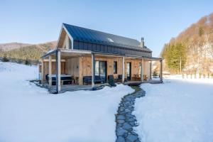 a log cabin in the snow with a stream at Vama Chalet in Vama Buzăului