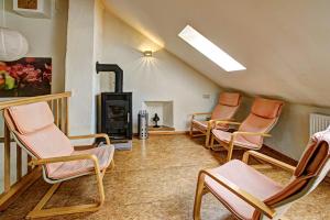 a living room with chairs and a wood stove at Nengshof Ferienhaus Königskerze in Wißmannsdorf