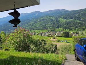 a blue car parked on the side of a mountain at Mirnockblick Apartments 2 in Radenthein +7 photos