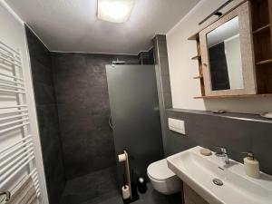 a bathroom with a sink and a toilet and a mirror at Ferienwohnung Rolofs in Bad Nenndorf