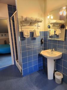 a blue tiled bathroom with a sink and a mirror at Hote de l'île chez Wendy et Fred in Jumeaux +50 photos