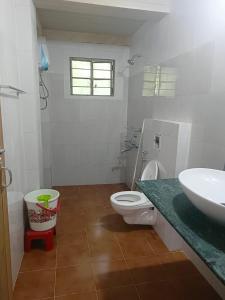 a bathroom with a sink and a toilet at Streamside Guest House in Mawlynnong