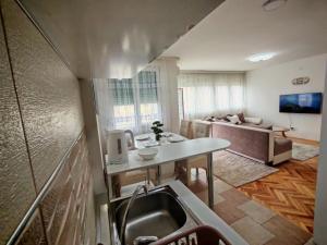 a kitchen with a sink and a living room at Apartman ANA in Pirot