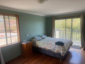 a bedroom with a bed and two windows at Pillais B and B in Albany