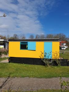 a yellow house with a painting on the side of it at De Maanloper in Bant