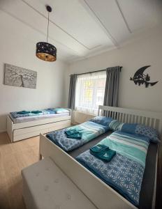a bedroom with two twin beds and a window at Apartmán U Čápů Mladé Buky 59 in Mladé Buky