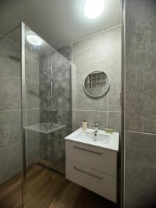 a bathroom with a sink and a shower at Apartmán U Čápů Mladé Buky 59 in Mladé Buky +41 photos