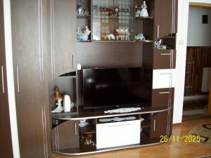 a entertainment center with a television in a living room at Vila Mihaela in Breaza