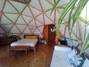 a room with two beds in a yurt at Mush's rooms in Saint-Julien-Labrousse