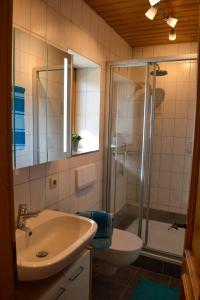 a bathroom with a shower and a sink and a toilet at Ferienwohnung Seeufer in Bad Bayersoien +9 photos