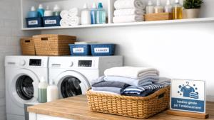 a laundry room with a basket of towels and a washing machine at Hostel des 3 sources in Sainte-Marie