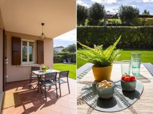 two pictures of a patio with a table with a bowl of fruit at MoKi by Garda FeWo in Moniga