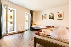 a bedroom with two beds and a large window at Apartmán Staříč in Lipova Lazne +20 photos