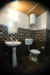 a bathroom with a sink and a toilet and a mirror at The Himalayan Drift Cottages in Vashisht