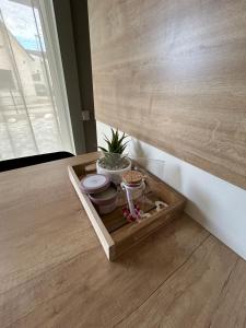 a tray on the floor with a plant in a room at Tiny homes ŠMARNA in Ljubljana