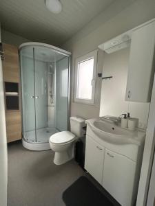a bathroom with a shower and a toilet and a sink at Tiny homes ŠMARNA in Ljubljana