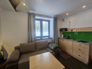 a living room with a couch and a kitchen at Przystanek Dolina Kościeliska in Kościelisko