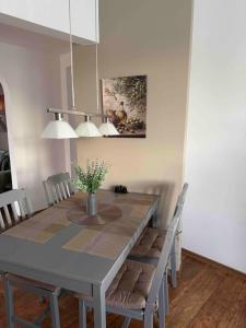 a dining room with a table with chairs and a painting at Apartmány Rosijo in Lednice +12 photos