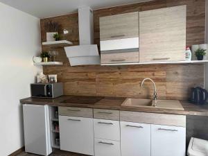 a kitchen with white cabinets and a sink at Apartmány Rosijo in Lednice