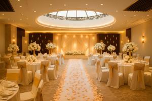 a banquet hall with white tables and chairs at Jayden Masar - جايدن مسار in Mecca