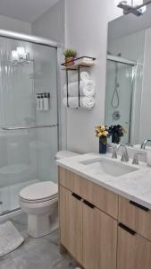 a bathroom with a sink and a toilet and a shower at Elevated Horizon Retreat in Chilliwack +16 photos