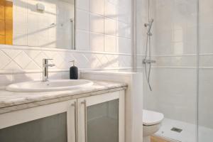 a bathroom with a sink and a toilet and a shower at Corazón de la Ciudad by apartamentoscatedralcamino in Burgos