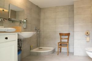 a bathroom with a sink and a toilet and a chair at Nengshof Gartenhaus Wegerich in Wißmannsdorf +19 photos