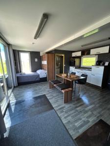 a kitchen and living room with a table and a bed at Apartma Hisa konj in Pernica