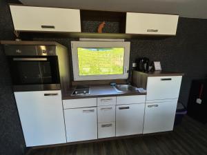 a kitchen with white cabinets and a sink and a window at Apartma Hisa konj in Pernica +6 photos
