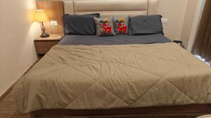 a bedroom with a large bed with a brown comforter at Romaer's Room in Greater Noida