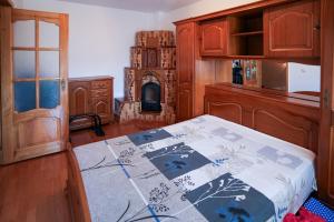 a bedroom with a bed and a fireplace in it at Casa RUXI in Jiblea Veche
