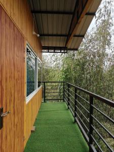a balcony of a house with green grass at Ribhoi Jungle in Khānāpāra +13 photos