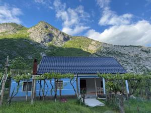 a house with a mountain in the background at Bujtina Turkaj in Nikshi