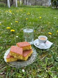 a sandwich on a plate next to a cup of coffee at Bujtina Turkaj in Nikshi