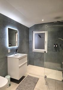 a bathroom with a sink and a shower and a toilet at Résidence Bellevue - Hôtel et Studios in Charmey +24 photos