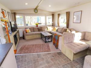 a living room with a couch and a tv at Sunflower Retreat, Caravan 61 in Morpeth