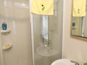 a bathroom with a shower with a toilet and a sink at Sunflower Retreat, Caravan 61 in Morpeth +15 photos