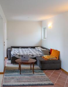 ein Wohnzimmer mit Sofa und Tisch in der Unterkunft Ai Foresti in Castello dʼAviano