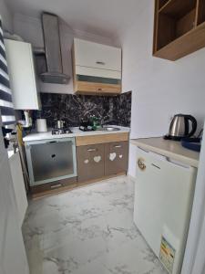 a kitchen with a sink and a refrigerator at Little Escape in Brăila