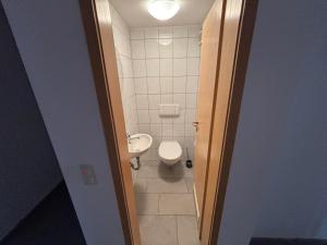 a small bathroom with a toilet and a sink at Ferienwohnung Lodge 13 in Ehrenberg +6 photos