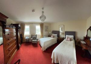 a bedroom with two beds and a red carpet at Muxnaw Lodge in Kenmare