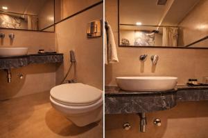 two pictures of a bathroom with a toilet and a sink at Hotel Mandovin - A Premium Hotel In Udaipur in Udaipur