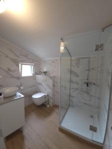 a white bathroom with a shower and a toilet at Guesthouse Ivan in Skradin