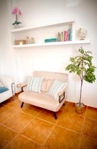 a living room with a couch and a potted plant at Casa Playa Moncofa in Moncófar