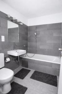 a bathroom with a toilet and a tub and a sink at Deluxe Urban Stay in Linz