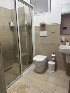 a bathroom with a shower and a toilet and a sink at Casa El Mundo in Sal Rei